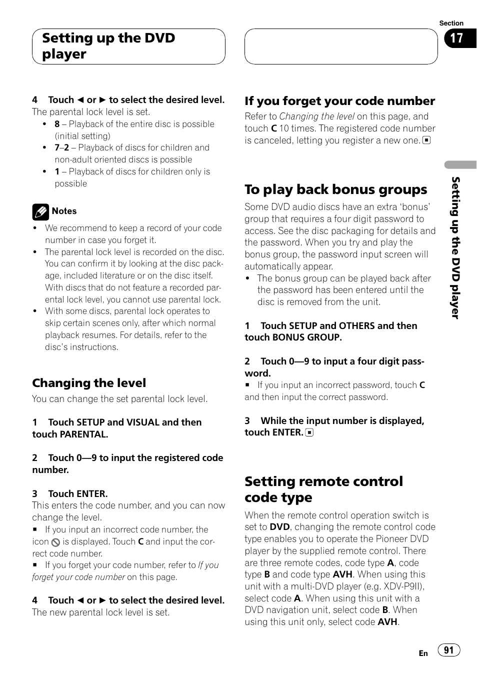 Setting remote, Setting remote control code type, Setting up the dvd player | Changing the level, If you forget your code number | Pioneer AVH-P7500DVD User Manual | Page 91 / 116