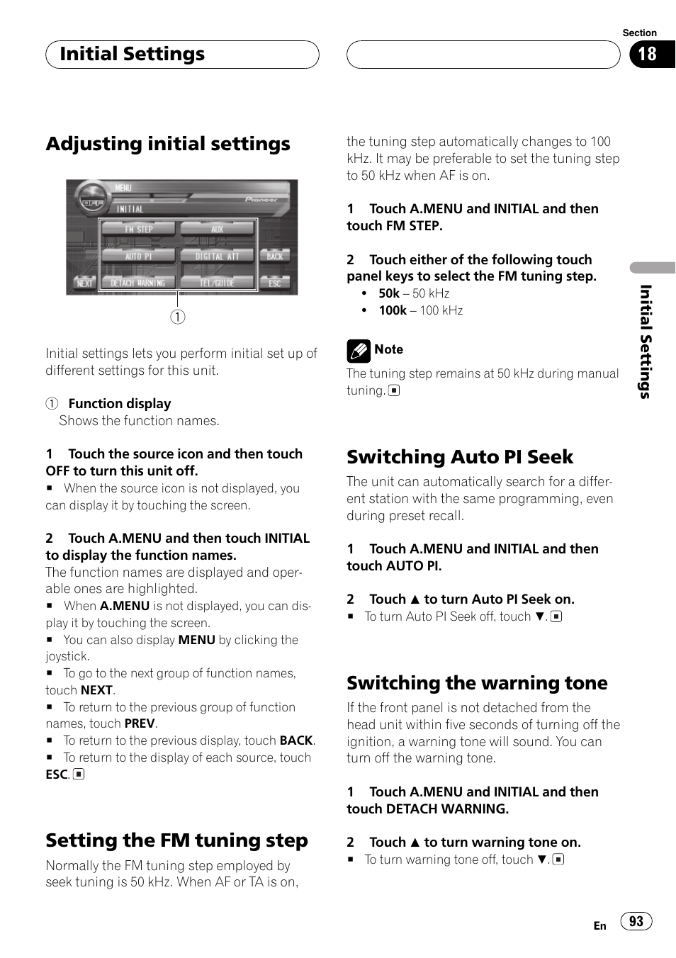 Switching the warning tone 93, Adjusting initialsettings, Setting the fm tuning step | Switching auto pi seek, Switching the warning tone, Initialsettings | Pioneer AVH-P7500DVD User Manual | Page 93 / 116