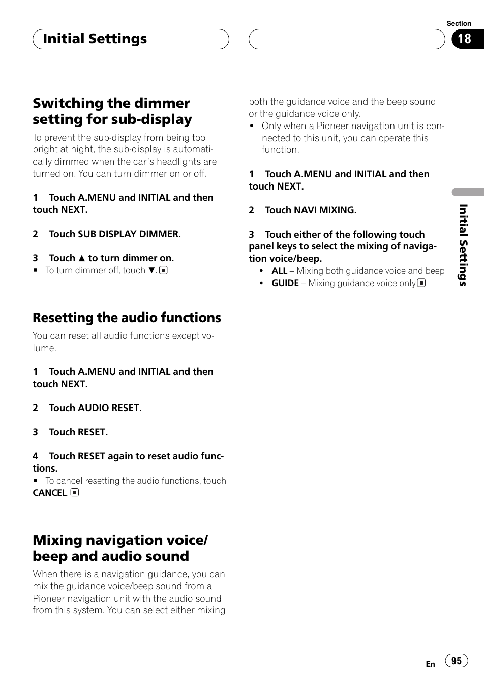 Switching the dimmer setting for sub, Display 95, Sound 95 | Switching the dimmer setting for sub-display, Resetting the audio functions, Mixing navigation voice/ beep and audio sound, Initialsettings | Pioneer AVH-P7500DVD User Manual | Page 95 / 116