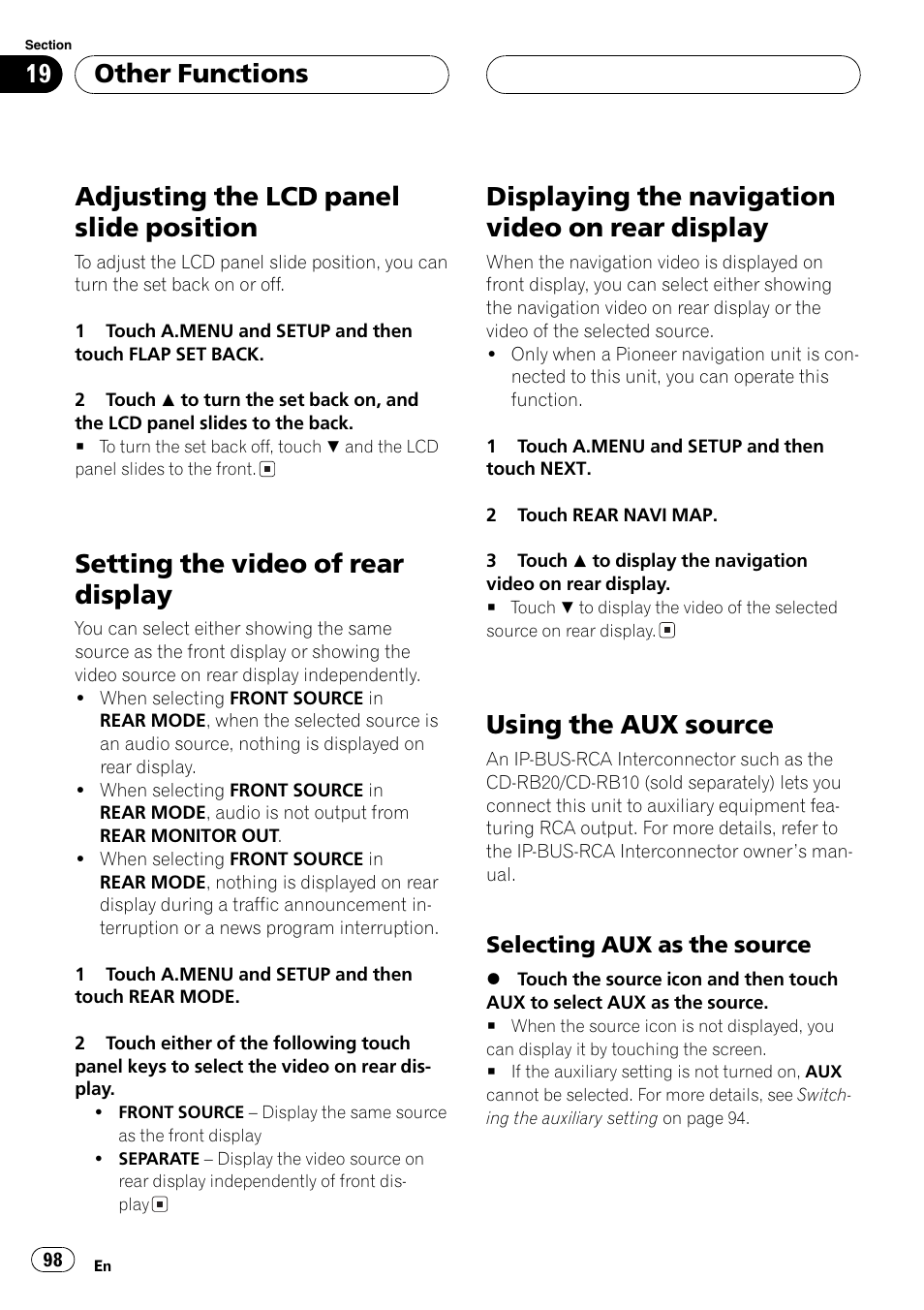 Display 98, Using the aux source 98, Adjusting the lcd panel slide position | Setting the video of rear display, Displaying the navigation video on rear display, Using the aux source, Other functions | Pioneer AVH-P7500DVD User Manual | Page 98 / 116