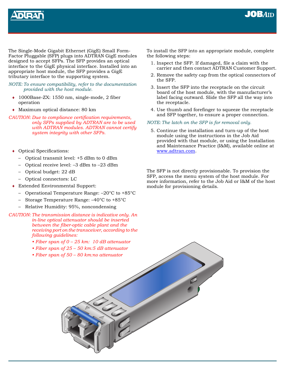 ADTRAN Gigabit Ethernet Single-Mode Fiber Tributary Module 1184518L1 User Manual | 2 pages