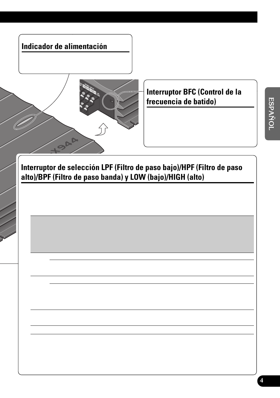 Batido), Interruptor de selección lpf (filtro de, Indicador de alimentación | Pioneer GM-X944 User Manual | Page 17 / 76