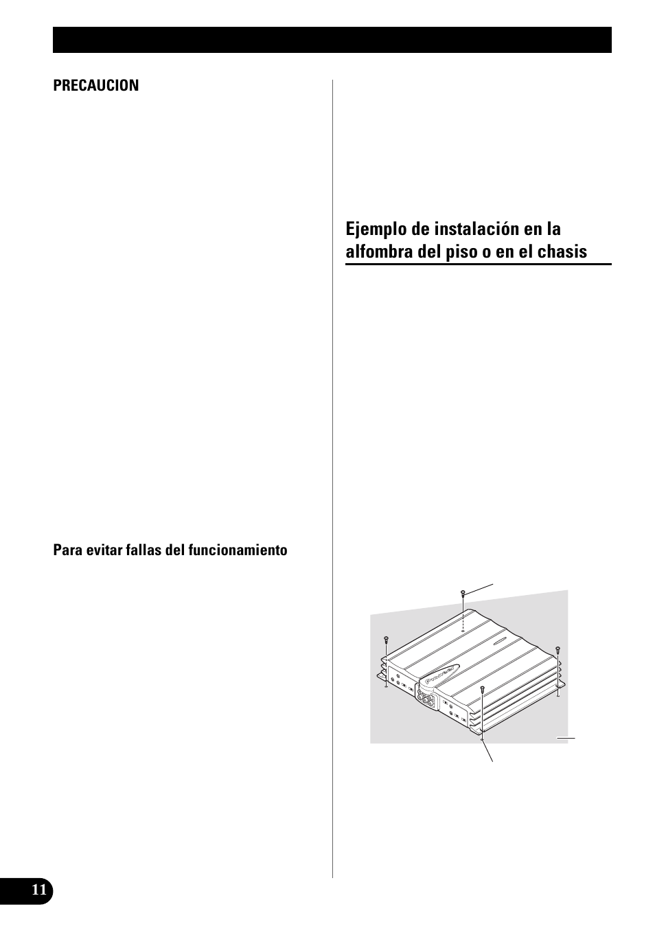 Instalación, Ejemplo de instalación en la alfombra del, Piso o en el chasis | Pioneer GM-X944 User Manual | Page 24 / 76