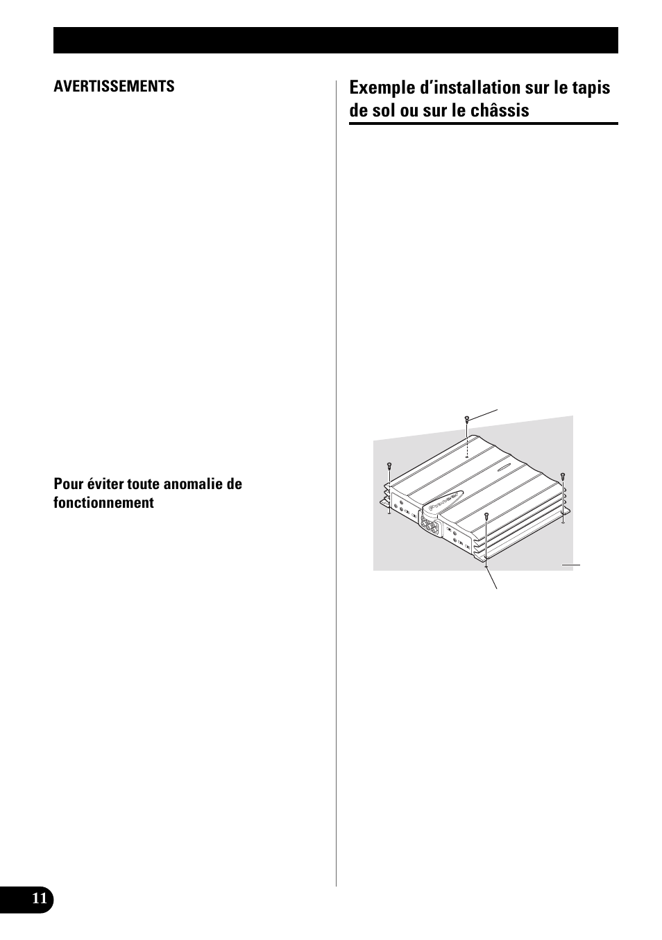 Installation, Exemple d’installation sur le tapis de sol ou, Sur le châssis | Pioneer GM-X944 User Manual | Page 48 / 76