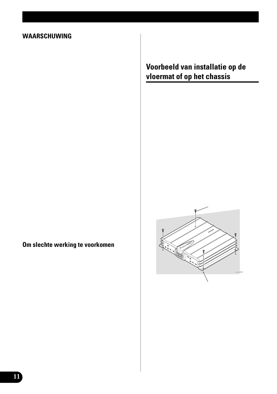 Installatie, Voorbeeld van installatie op de vloermat of, Op het chassis | Pioneer GM-X944 User Manual | Page 72 / 76