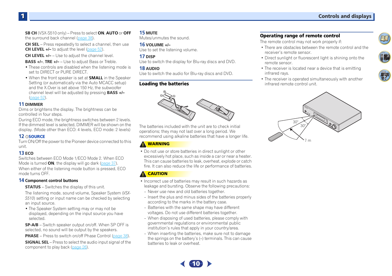 Loading the batteries, Operating range of remote control, L (see | Operating | Pioneer VSX-S510-S User Manual | Page 10 / 65