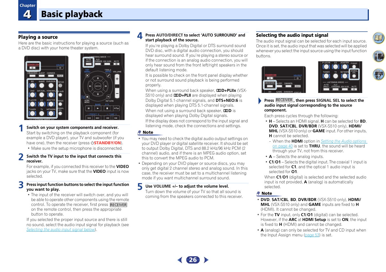04 basic playback, Playing a source, Selecting the audio input signal | Basic playback, Urce | Pioneer VSX-S510-S User Manual | Page 26 / 65