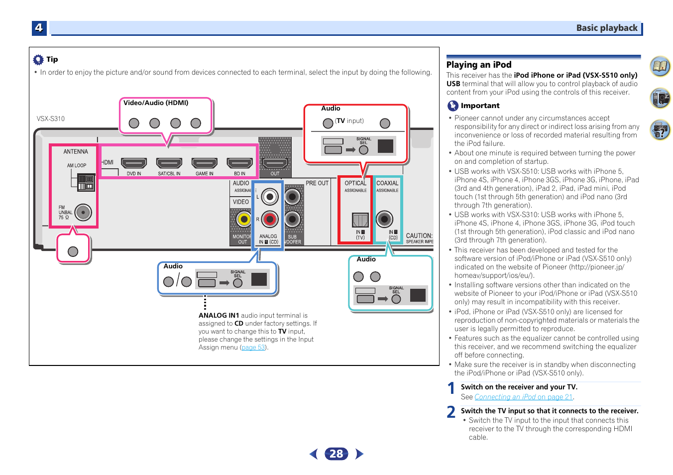 Playing an ipod, Playing an ipod on | Pioneer VSX-S510-S User Manual | Page 28 / 65
