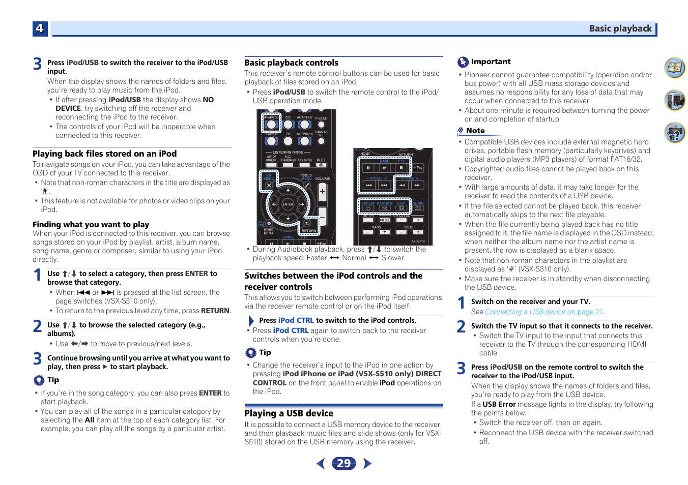 Playing back files stored on an ipod, Basic playback controls, Controls | Playing a usb device, Playing a | Pioneer VSX-S510-S User Manual | Page 29 / 65