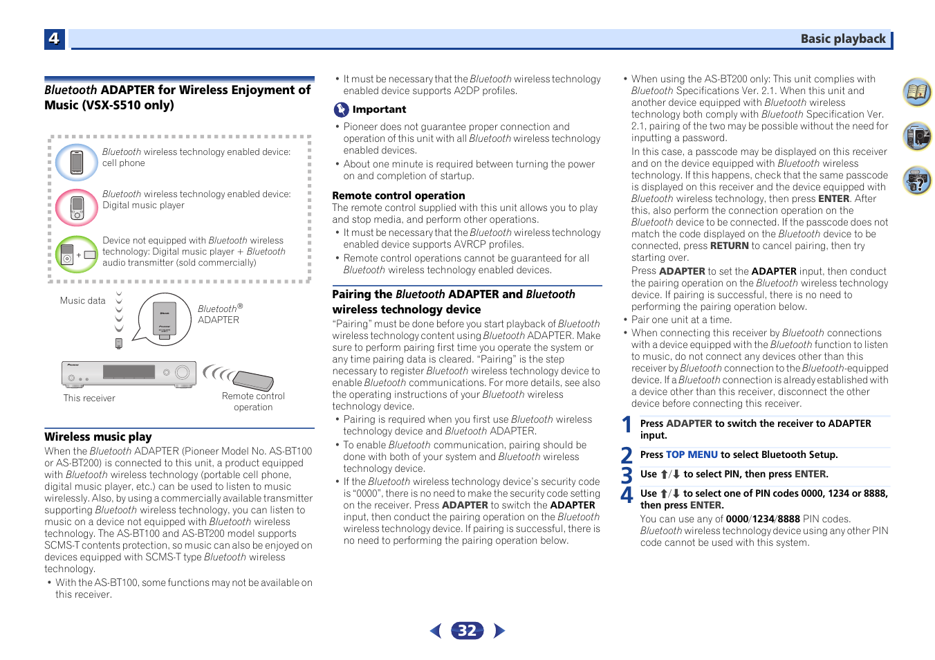 Bluetooth adapter for wireless enjoyment of music, Vsx-s510 only), Wireless music play | Technology device, Pairing the bluetooth adapter and | Pioneer VSX-S510-S User Manual | Page 32 / 65