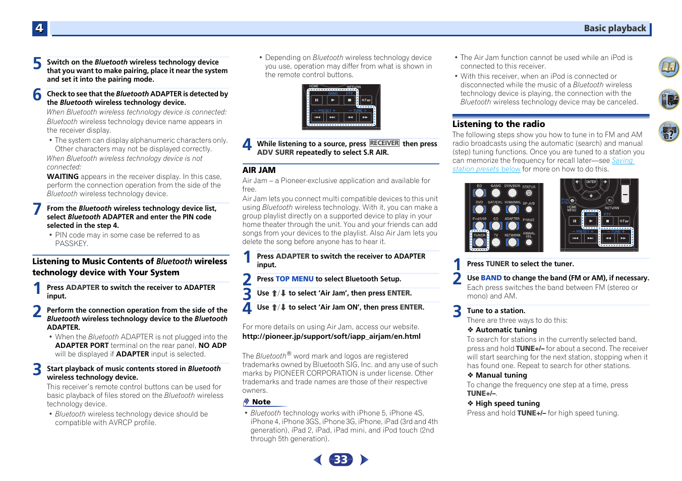 Listening to music contents of bluetooth wireless, Technology device with your system, Air jam | Listening to the radio | Pioneer VSX-S510-S User Manual | Page 33 / 65