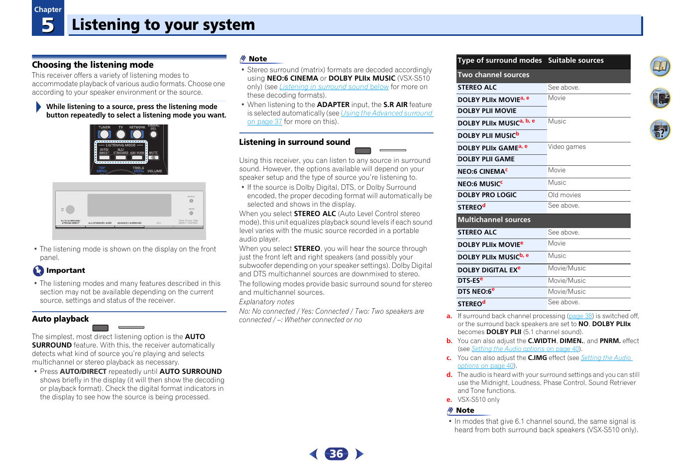 05 listening to your system, Choosing the listening mode, Auto playback | Listening in surround sound, Stereo mode, Eo mode, Listening to your system | Pioneer VSX-S510-S User Manual | Page 36 / 65