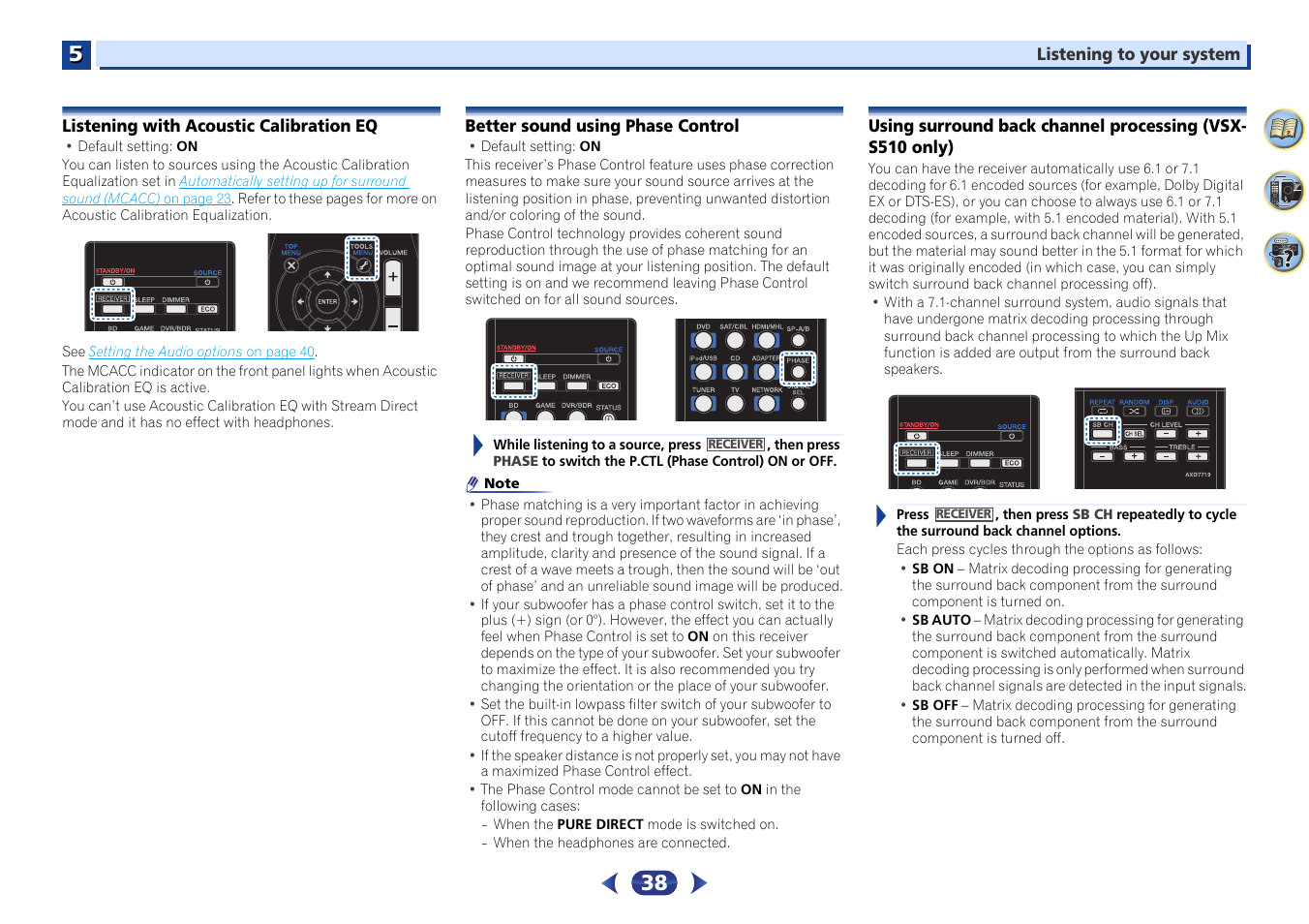 Listening with acoustic calibration eq, Better sound using phase control, Using surround back channel processing | Vsx-s510 only), Using surround back channel processing (vsx-s510, Only) | Pioneer VSX-S510-S User Manual | Page 38 / 65