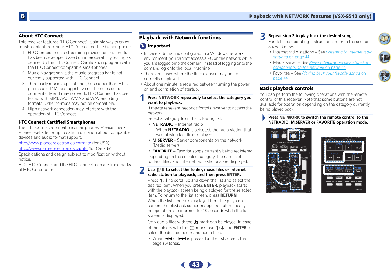 About htc connect, Playback with network functions, Basic playback controls | Pioneer VSX-S510-S User Manual | Page 43 / 65