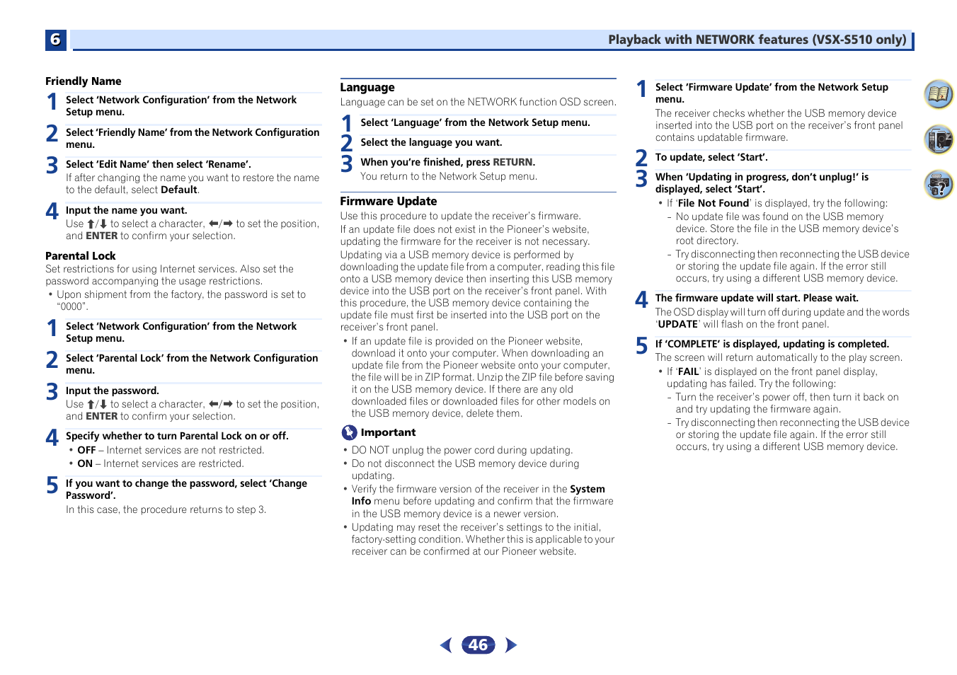 Language, Firmware update | Pioneer VSX-S510-S User Manual | Page 46 / 65