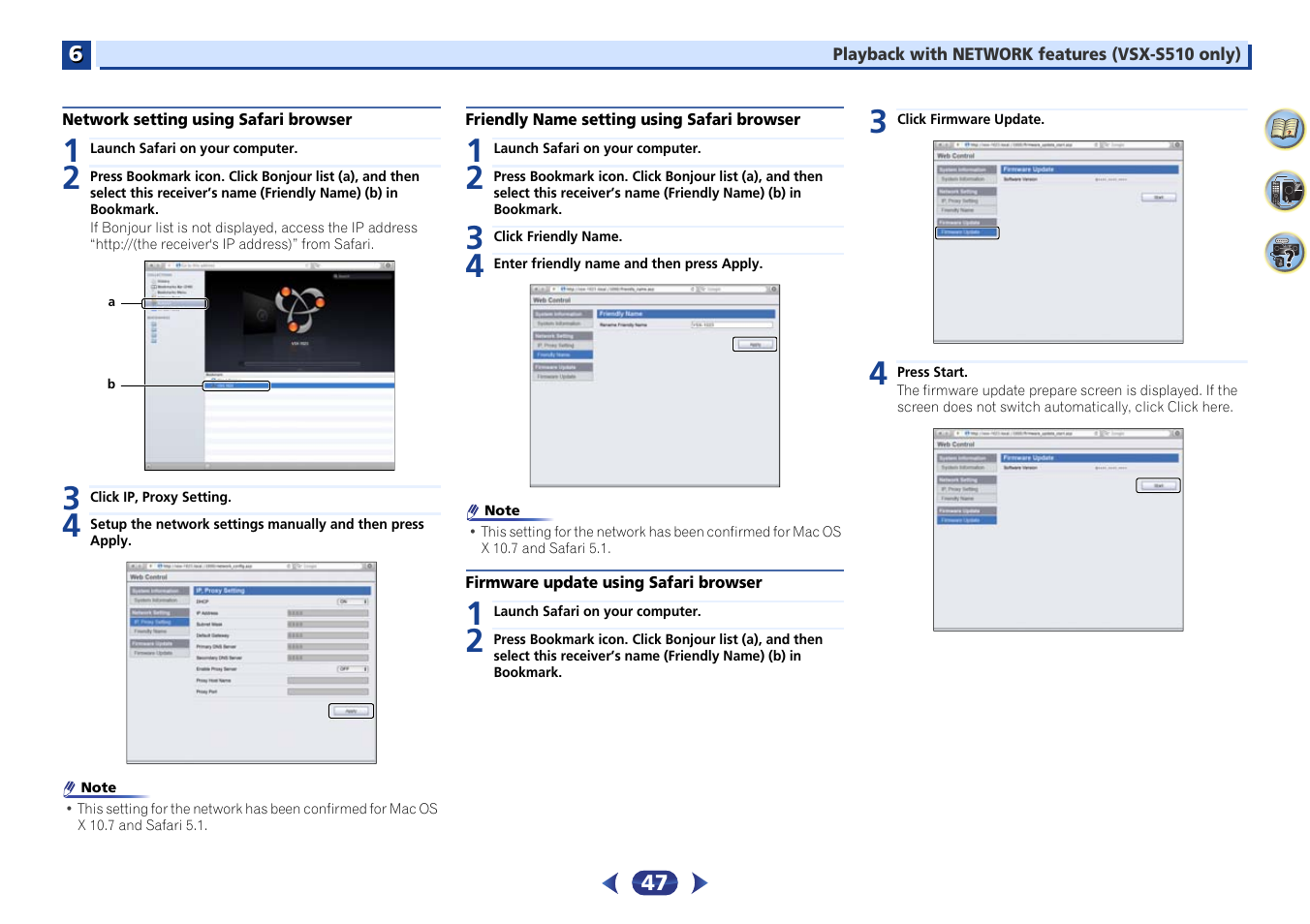 Network setting using safari browser, Friendly name setting using safari browser, Firmware update using safari browser | Pioneer VSX-S510-S User Manual | Page 47 / 65