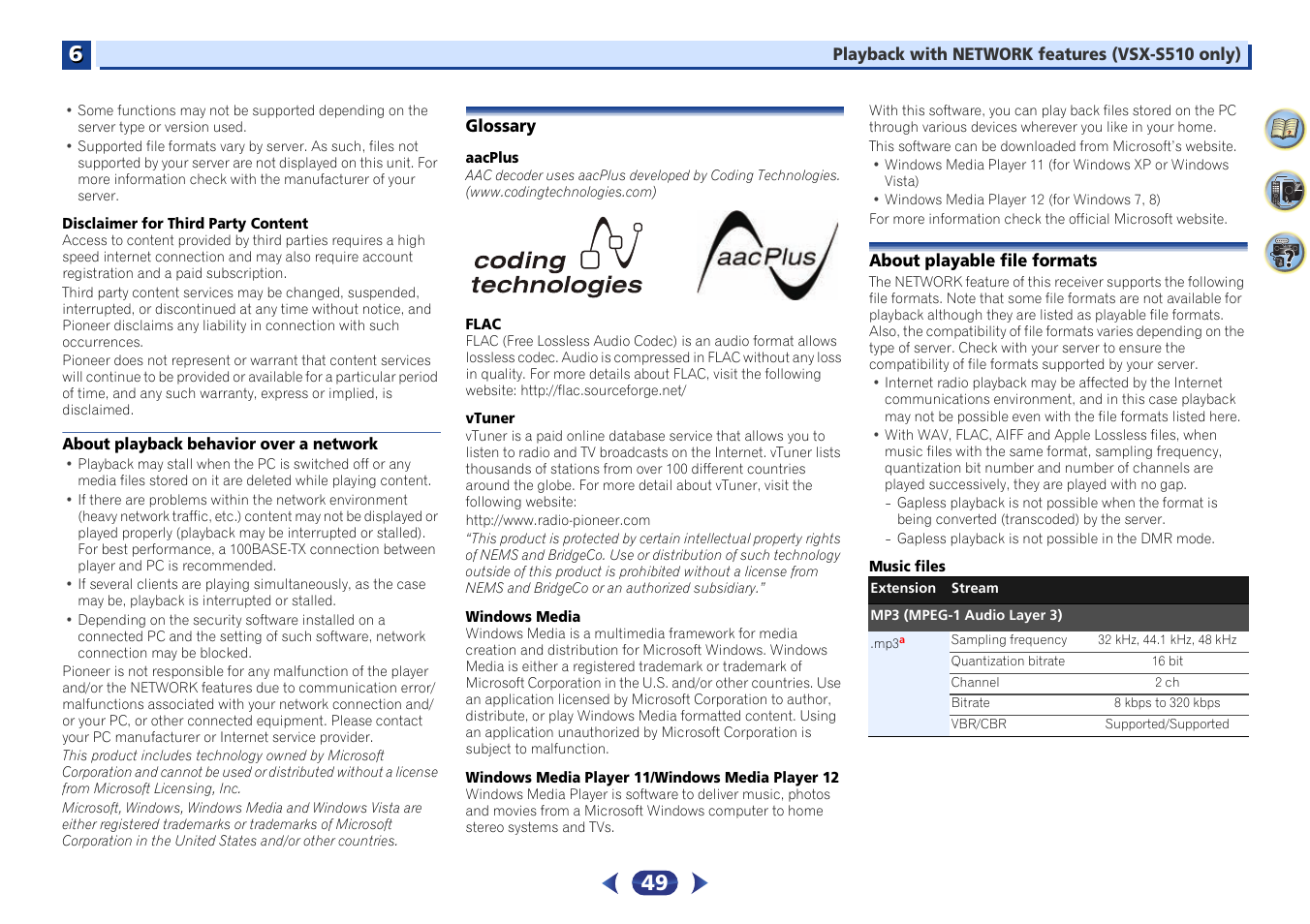 About playback behavior over a network, Glossary, About playable file formats | Windows media player 11/windows media player 12 on | Pioneer VSX-S510-S User Manual | Page 49 / 65