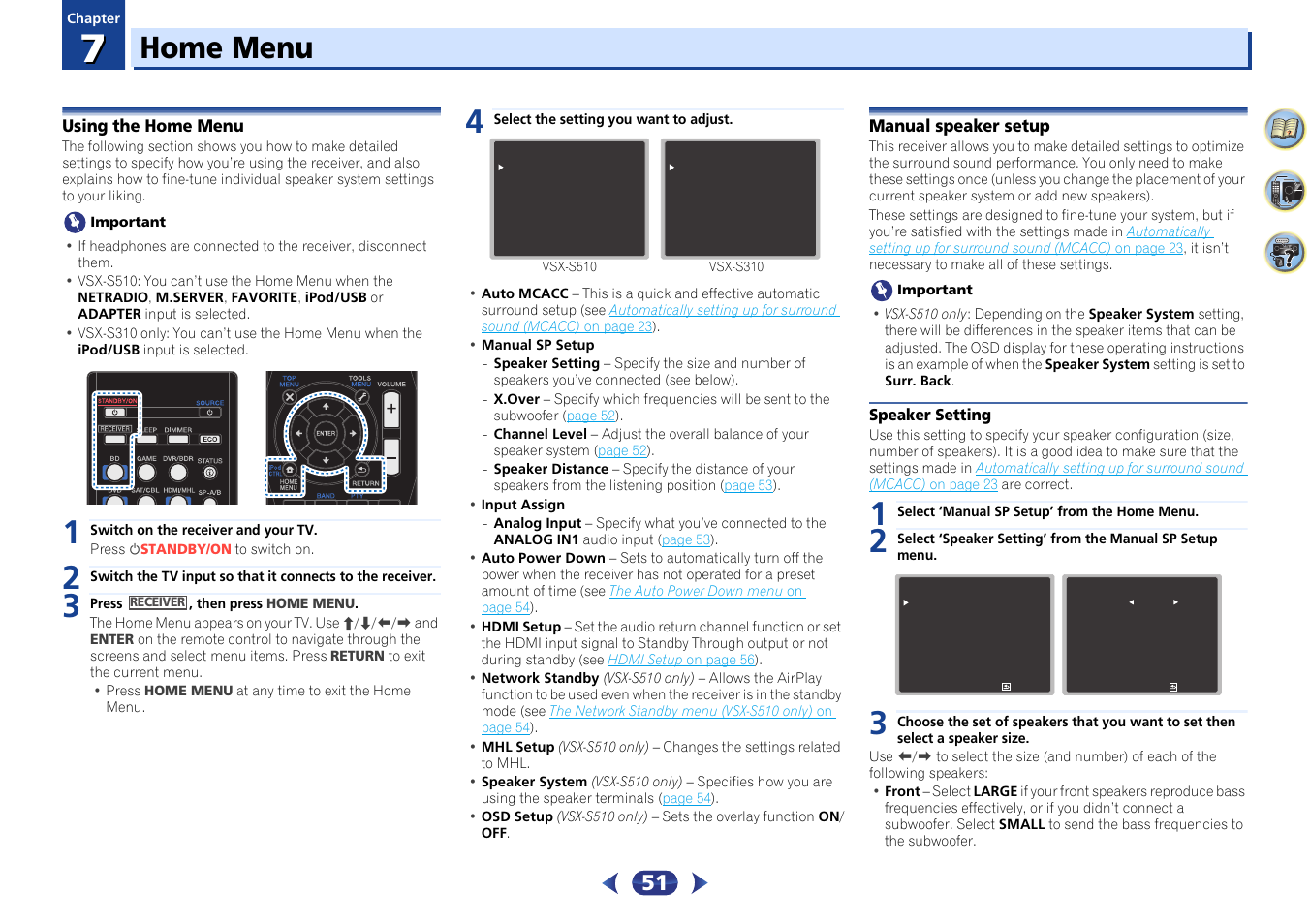 07 home menu, Using the home menu, Manual speaker setup | Speaker setting, Speaker setting on, Home menu | Pioneer VSX-S510-S User Manual | Page 51 / 65