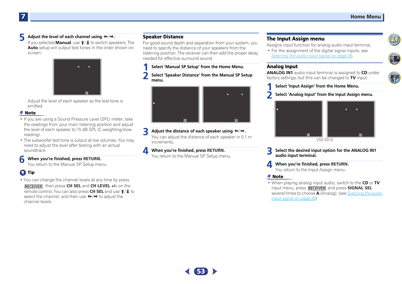 Speaker distance, The input assign menu, Analog input | Pioneer VSX-S510-S User Manual | Page 53 / 65