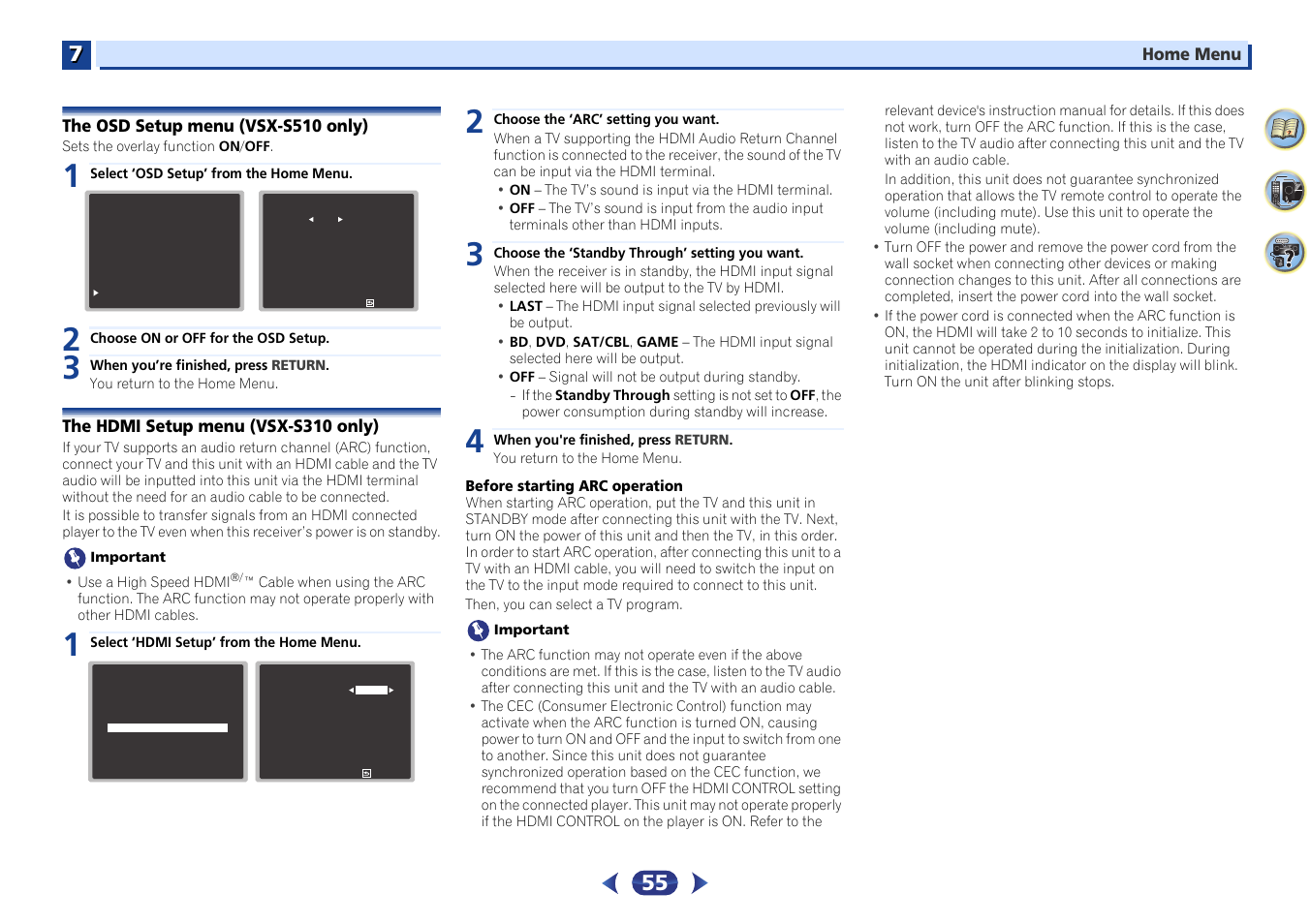 The osd setup menu (vsx-s510 only), The hdmi setup menu (vsx-s310 only) | Pioneer VSX-S510-S User Manual | Page 55 / 65