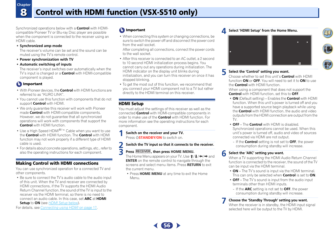 08 control with hdmi function (vsx-s510 only), Making control with hdmi connections, Hdmi setup | Control with hdmi, Control with hdmi function (vsx-s510 only), Ure, see | Pioneer VSX-S510-S User Manual | Page 56 / 65