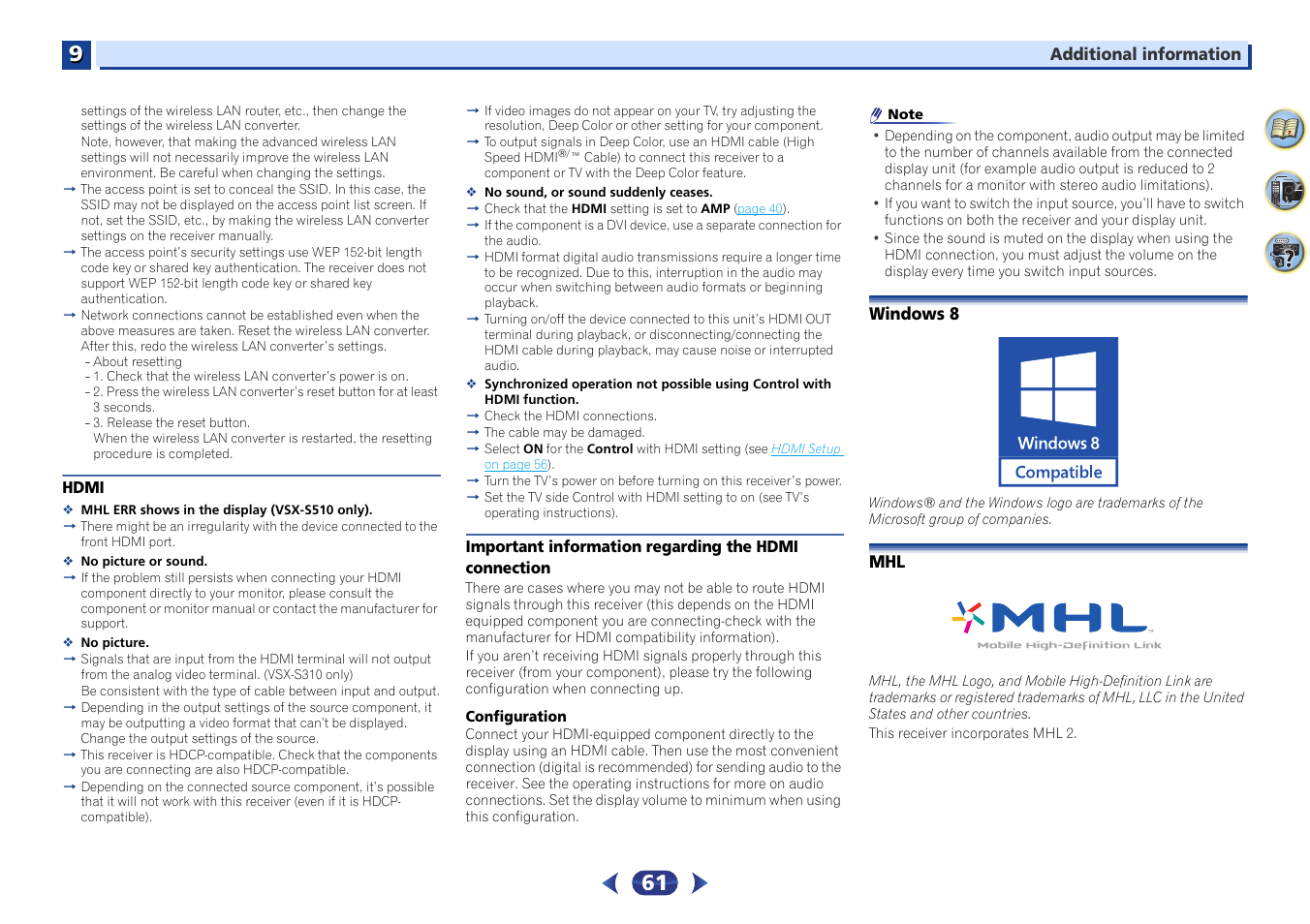 Hdmi, Important information regarding the hdmi, Connection | Windows 8 | Pioneer VSX-S510-S User Manual | Page 61 / 65