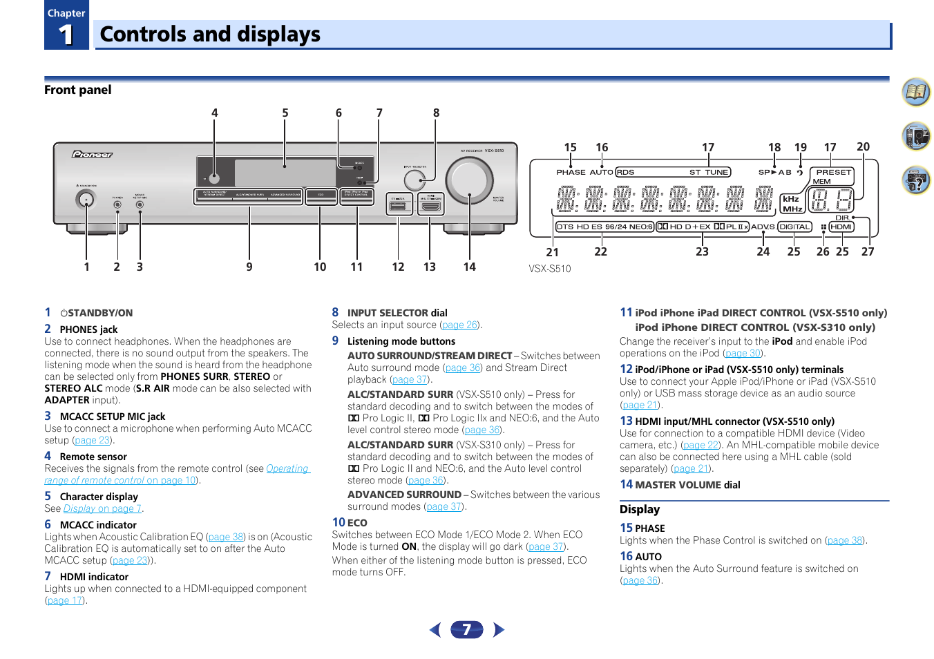 01 controls and displays, Front panel, Display | Controls and displays | Pioneer VSX-S510-S User Manual | Page 7 / 65