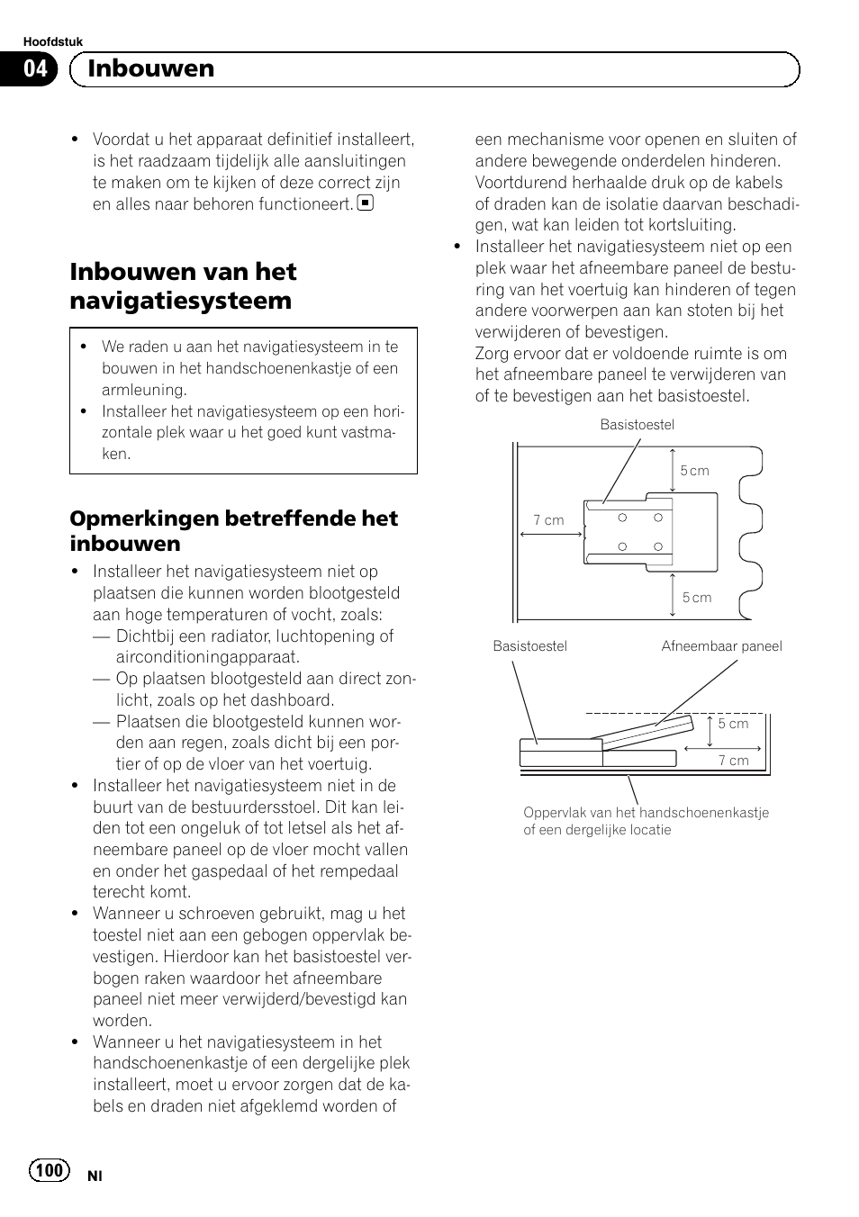 Inbouwen van het navigatiesysteem, Opmerkingen betreffende het, Inbouwen | 04 inbouwen, Opmerkingen betreffende het inbouwen | Pioneer AVIC-F220 User Manual | Page 100 / 112