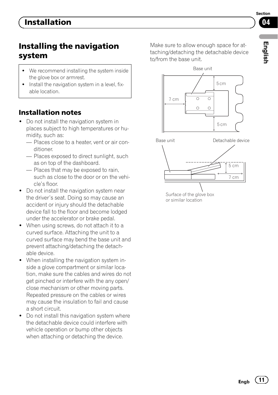 Installing the navigation system, Installation notes 11, 04 installation | Pioneer AVIC-F220 User Manual | Page 11 / 112