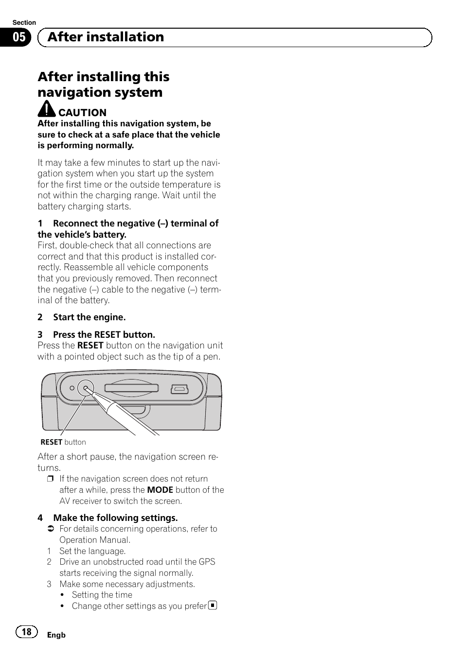 After installing this navigation system, 05 after installation | Pioneer AVIC-F220 User Manual | Page 18 / 112