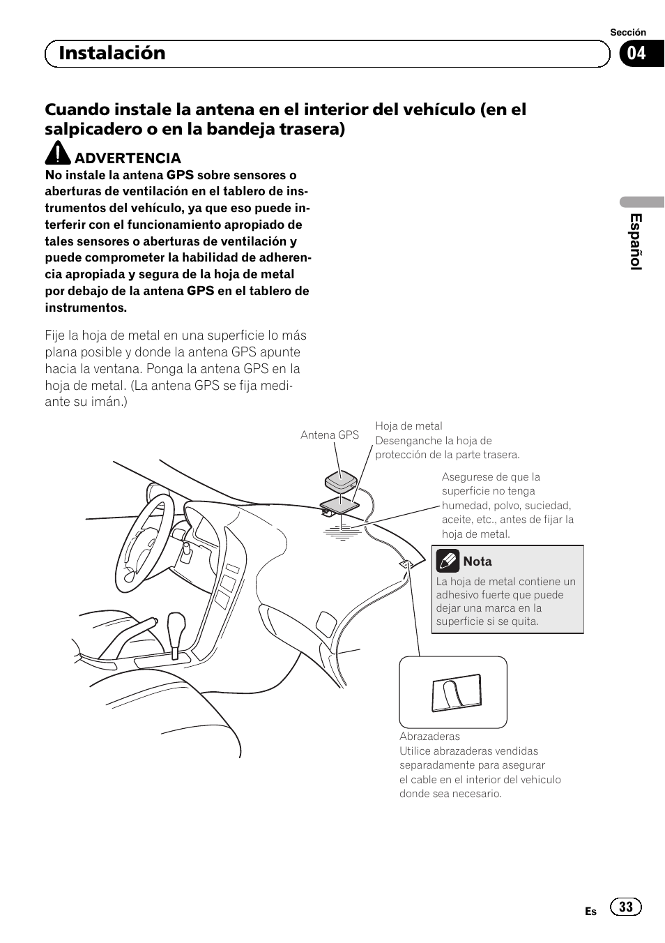 Cuando instale la antena en el interior, 04 instalación | Pioneer AVIC-F220 User Manual | Page 33 / 112