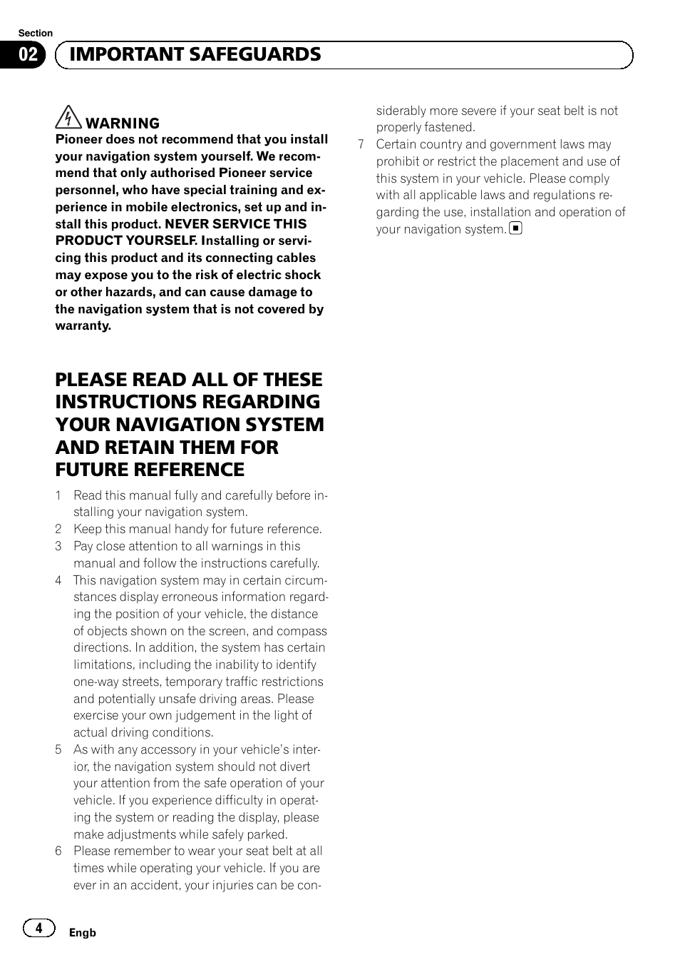 Important safeguards please read all of these, 02 important safeguards | Pioneer AVIC-F220 User Manual | Page 4 / 112