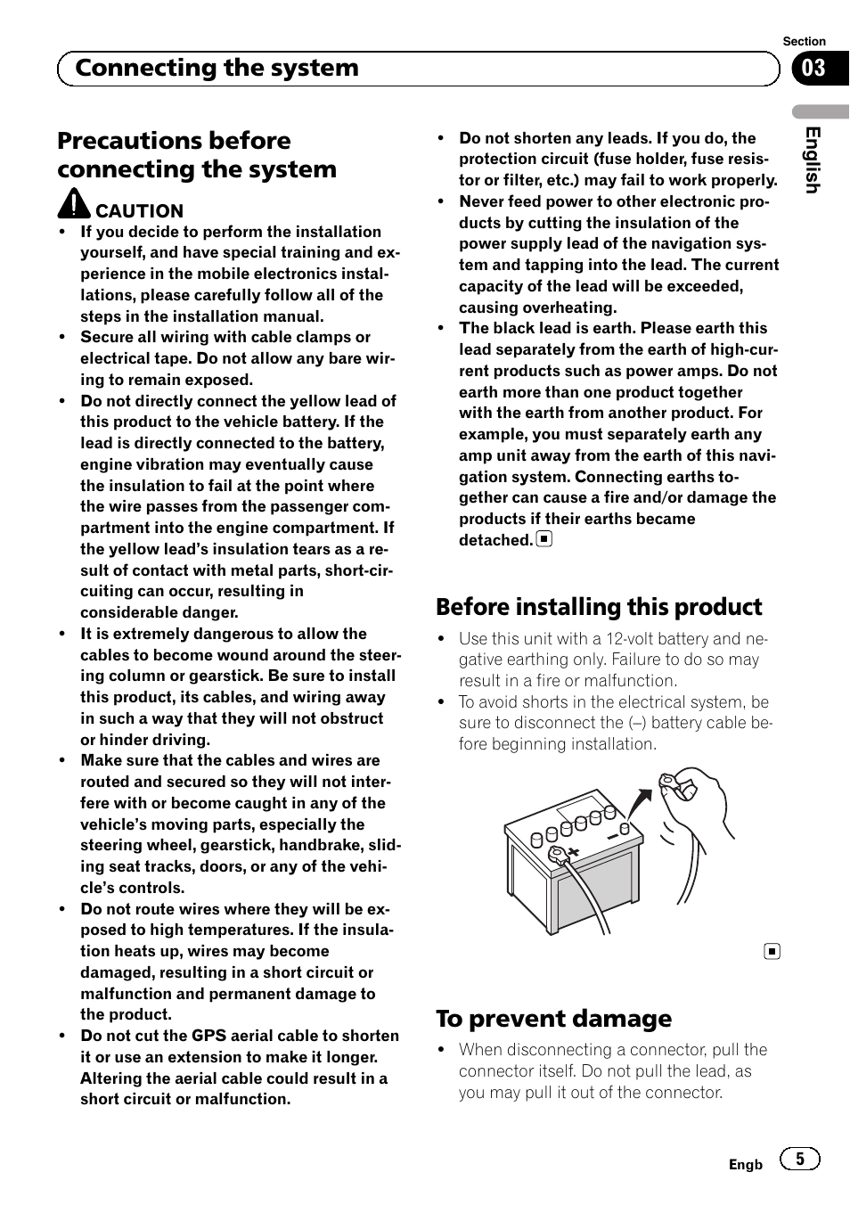 System, Before installing this product, To prevent damage | Precautions before connecting the system, 03 connecting the system | Pioneer AVIC-F220 User Manual | Page 5 / 112