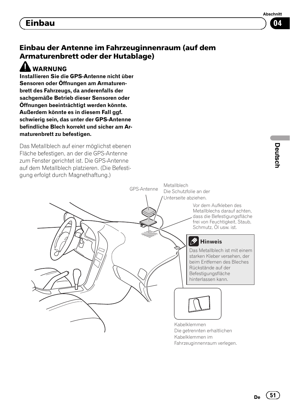 Einbau der antenne im, 04 einbau | Pioneer AVIC-F220 User Manual | Page 51 / 112