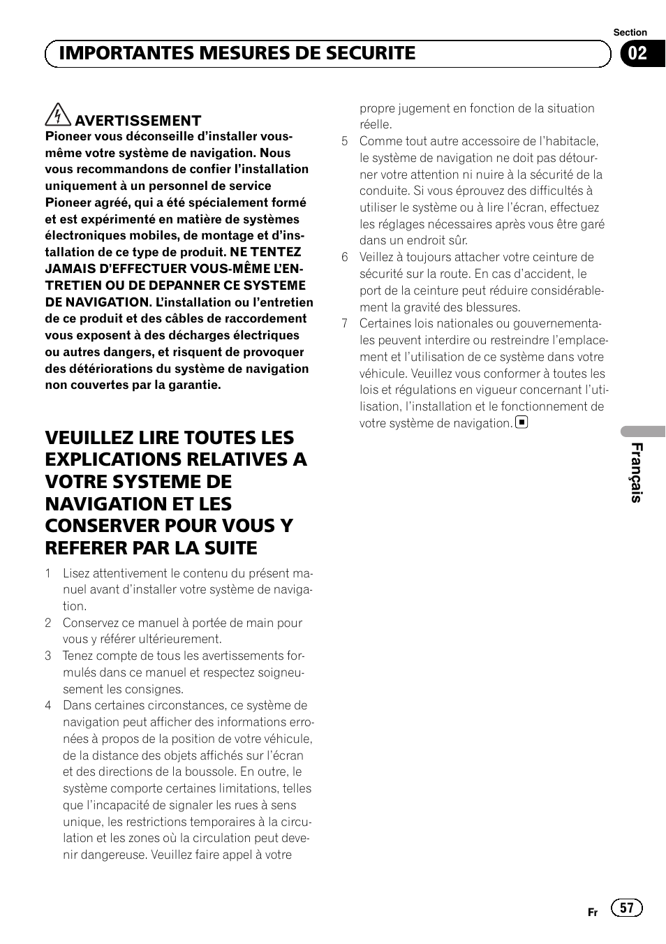 02 importantes mesures de securite | Pioneer AVIC-F220 User Manual | Page 57 / 112
