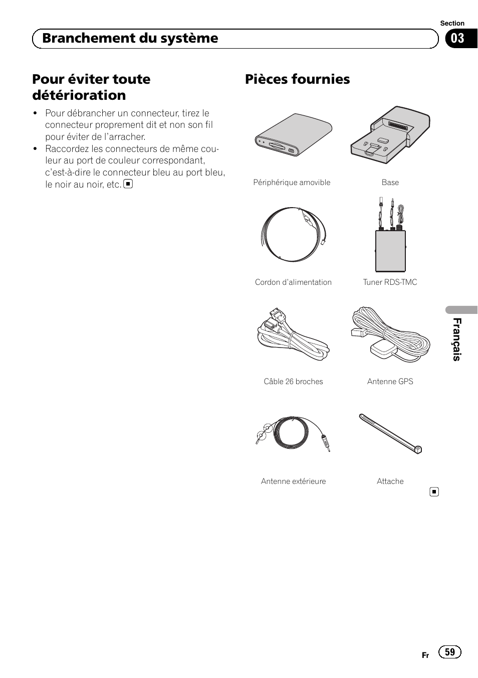 Pour éviter toute détérioration, Pièces fournies, 03 branchement du système | Pioneer AVIC-F220 User Manual | Page 59 / 112