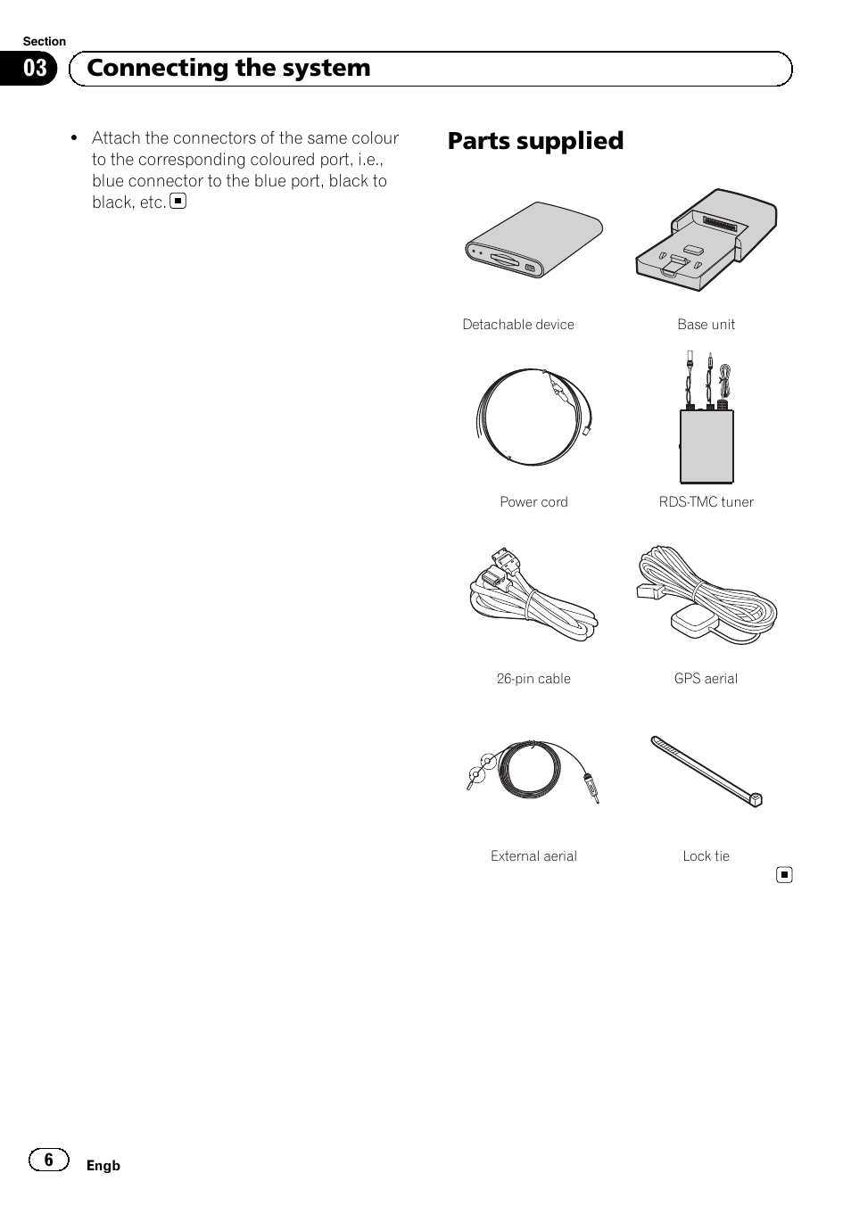 Parts supplied, 03 connecting the system | Pioneer AVIC-F220 User Manual | Page 6 / 112