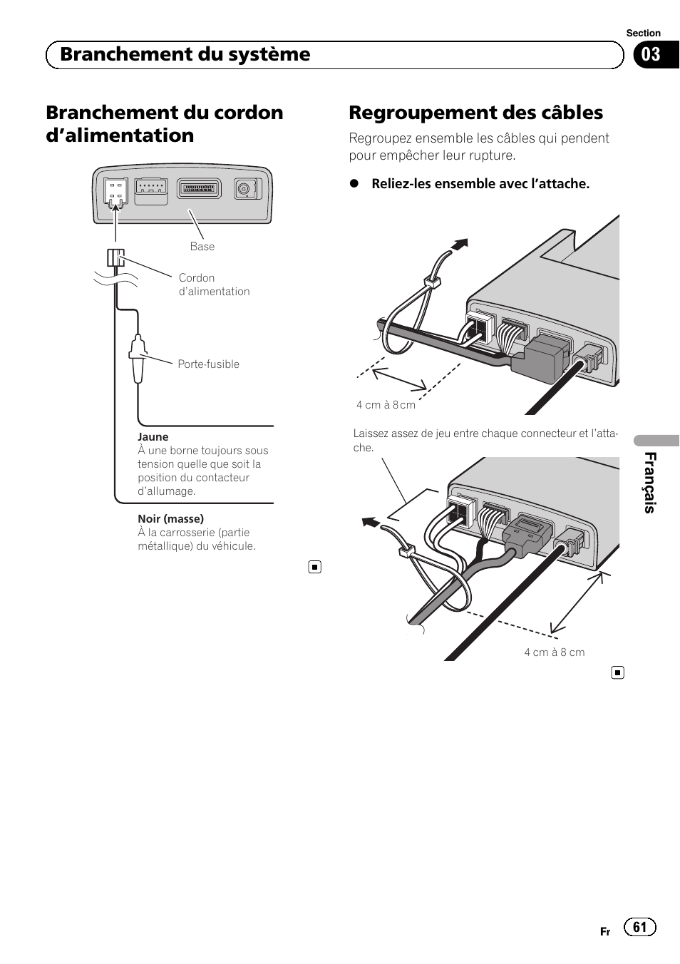 Branchement du cordon d, Alimentation 61, Regroupement des câbles | Branchement du cordon d ’alimentation, 03 branchement du système | Pioneer AVIC-F220 User Manual | Page 61 / 112