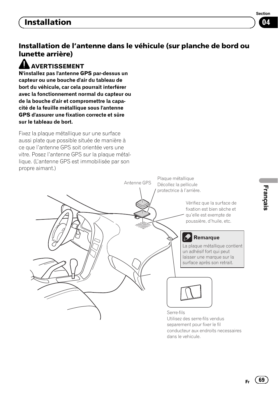 Installation de l’antenne dans le, Véhicule (sur planche de bord ou lunette arrière), 04 installation | Pioneer AVIC-F220 User Manual | Page 69 / 112