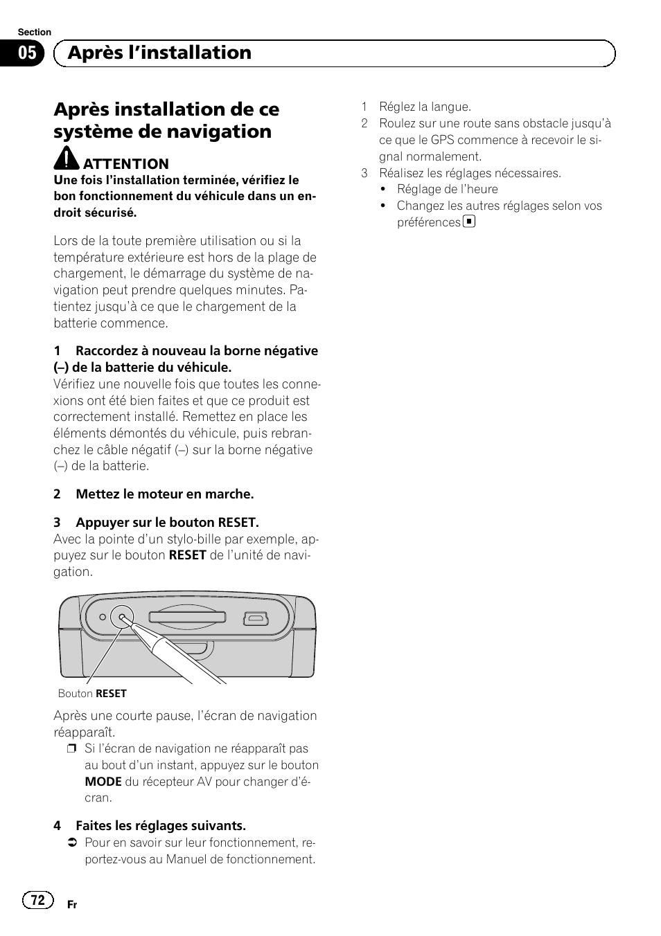 Après l, Installation, Après installation de ce système de | Navigation, Après installation de ce système de navigation, 05 après l ’installation | Pioneer AVIC-F220 User Manual | Page 72 / 112