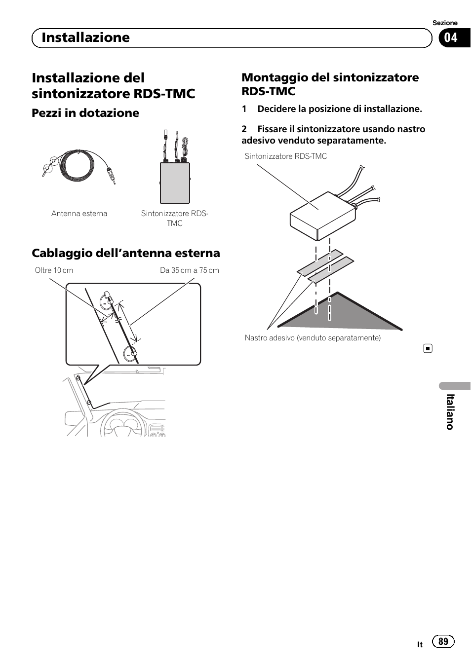 Installazione del sintonizzatore rds-tmc, Pezzi in dotazione 89, Cablaggio dell’antenna esterna 89 | Montaggio del sintonizzatore rds, Cablaggio dell, 04 installazione, Pezzi in dotazione, Cablaggio dell ’antenna esterna, Montaggio del sintonizzatore rds-tmc | Pioneer AVIC-F220 User Manual | Page 89 / 112