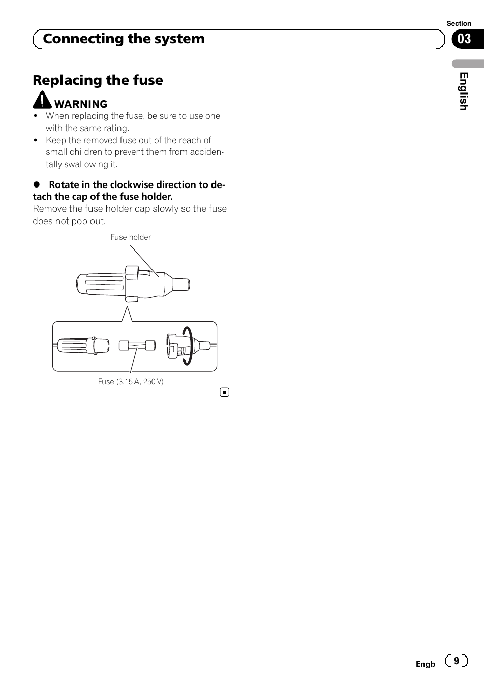 Replacing the fuse, 03 connecting the system | Pioneer AVIC-F220 User Manual | Page 9 / 112
