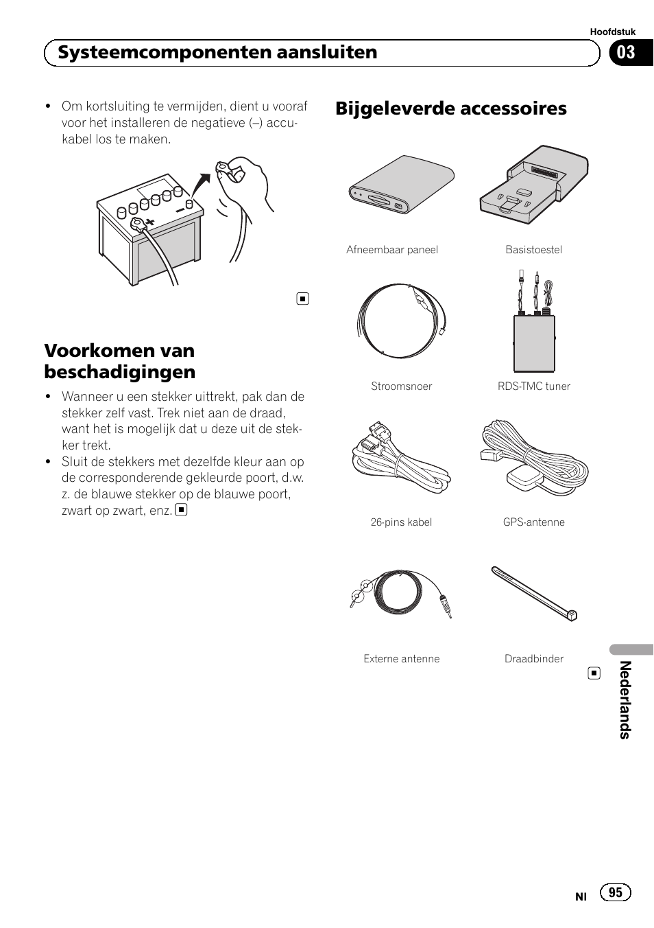 Voorkomen van beschadigingen, Bijgeleverde accessoires, 03 systeemcomponenten aansluiten | Pioneer AVIC-F220 User Manual | Page 95 / 112