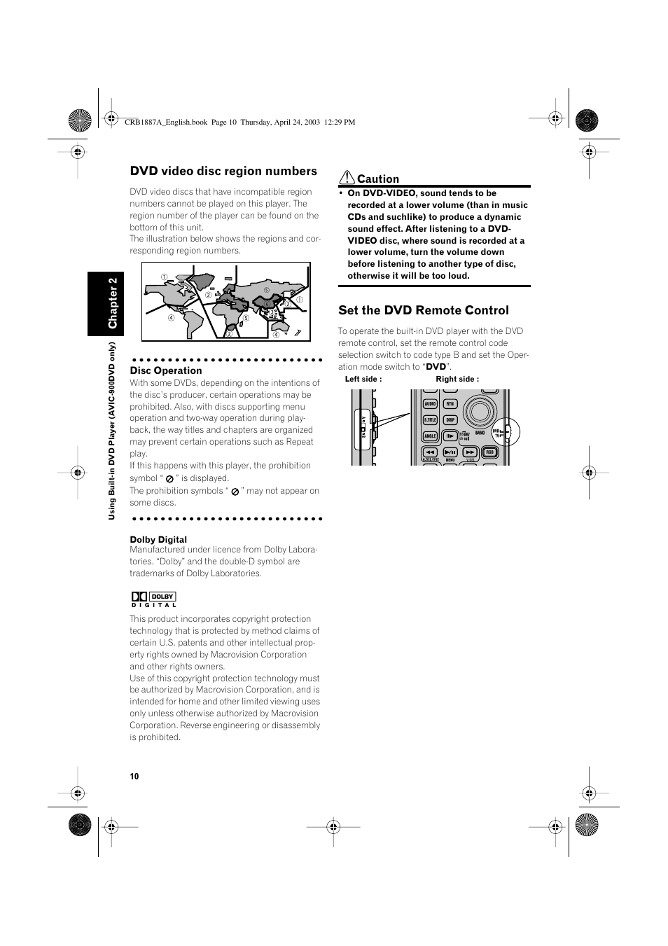 Dvd video disc region numbers, Set the dvd remote control, Chapter 2 | Caution | Pioneer AVIC600T-II User Manual | Page 11 / 30