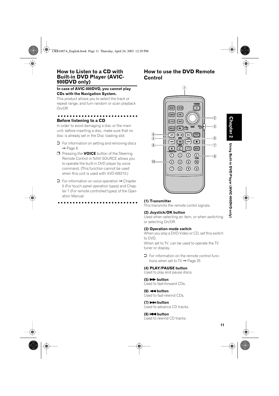 How to use the dvd remote control, Chapter 2, Before listening to a cd | Pioneer AVIC600T-II User Manual | Page 12 / 30