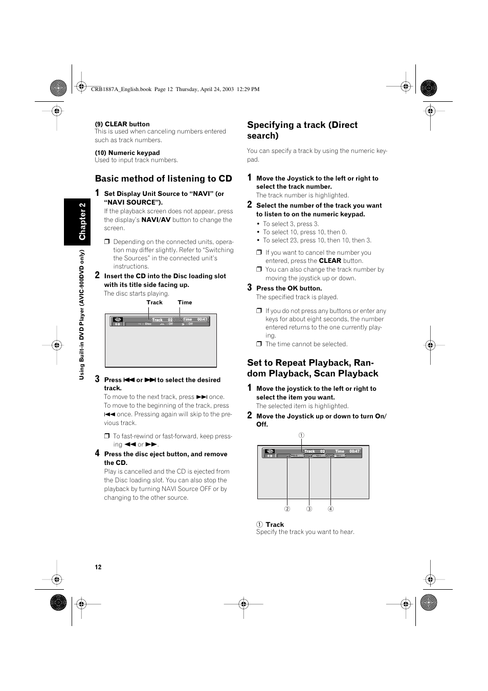 Basic method of listening to cd, Specifying a track (direct search), Chapter 2 | Pioneer AVIC600T-II User Manual | Page 13 / 30