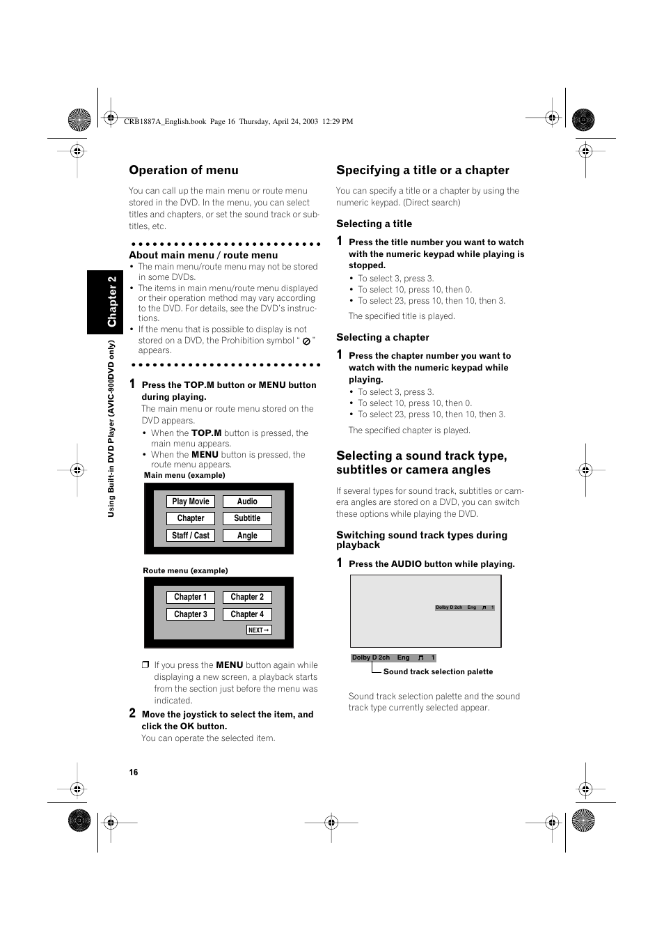 Operation of menu, Specifying a title or a chapter | Pioneer AVIC600T-II User Manual | Page 17 / 30