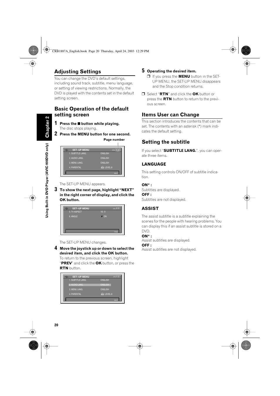 Adjusting settings, Basic operation of the default setting screen, Items user can change | Setting the subtitle, Chapter 2 | Pioneer AVIC600T-II User Manual | Page 21 / 30