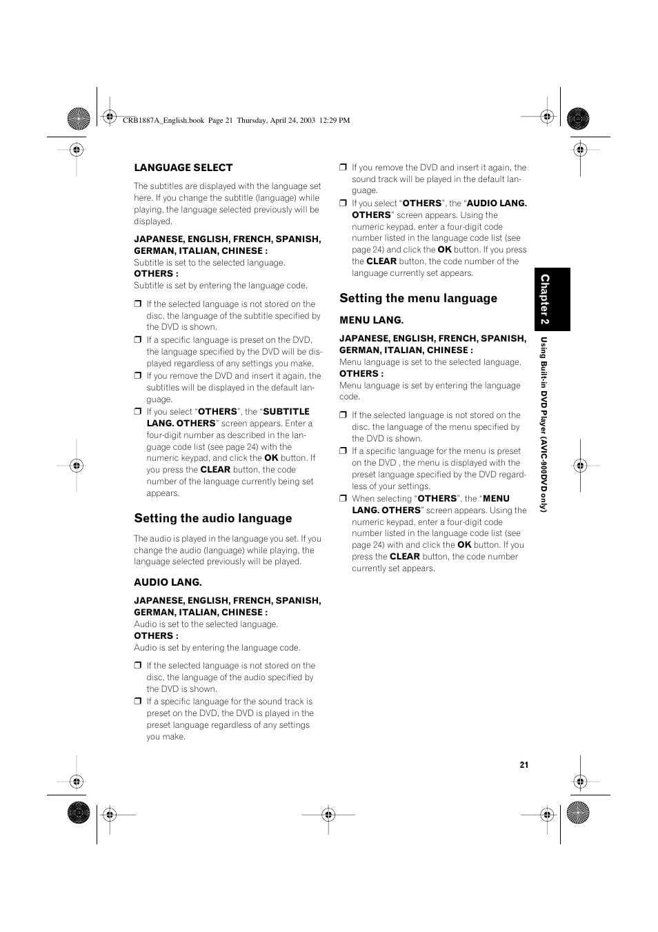 Setting the audio language, Setting the menu language | Pioneer AVIC600T-II User Manual | Page 22 / 30