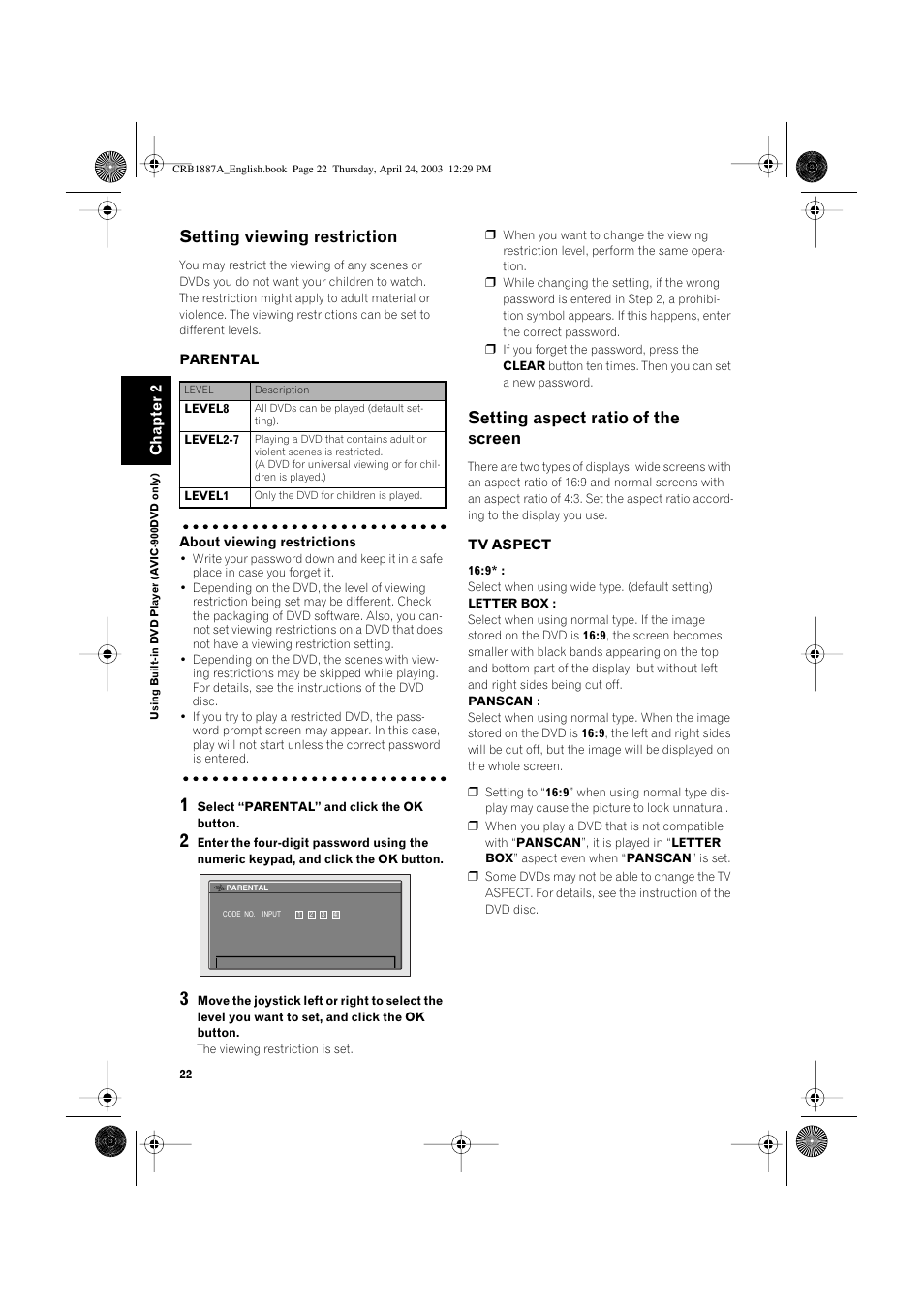 Setting viewing restriction, Setting aspect ratio of the screen | Pioneer AVIC600T-II User Manual | Page 23 / 30